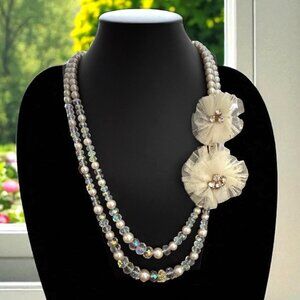 Statement Necklace White Faux Pearls and Clear AB Faceted Beads Tulle Flowers